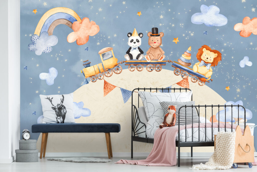 Animal Train Planet Wallpaper : Kids Bunting Sky Mural - View 4