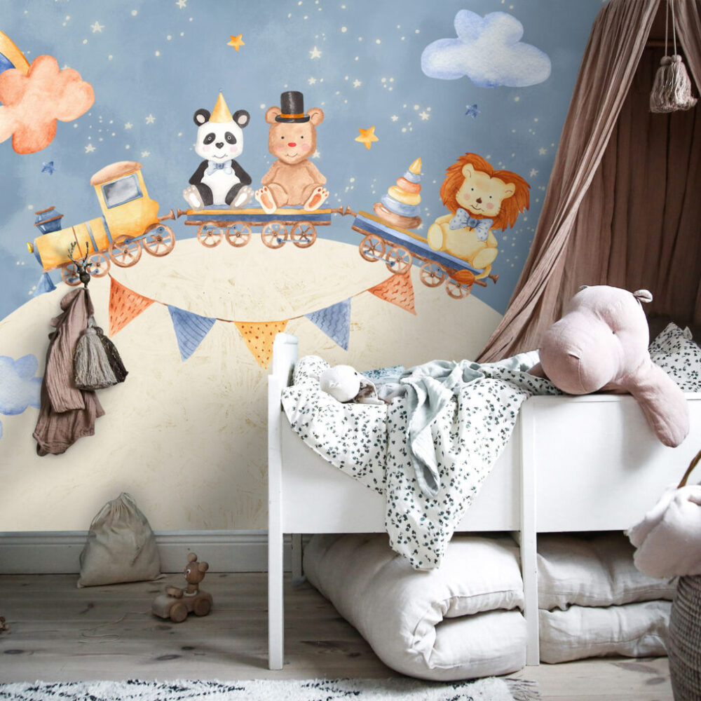 Animal Train Planet Wallpaper : Kids Bunting Sky Mural - View 3
