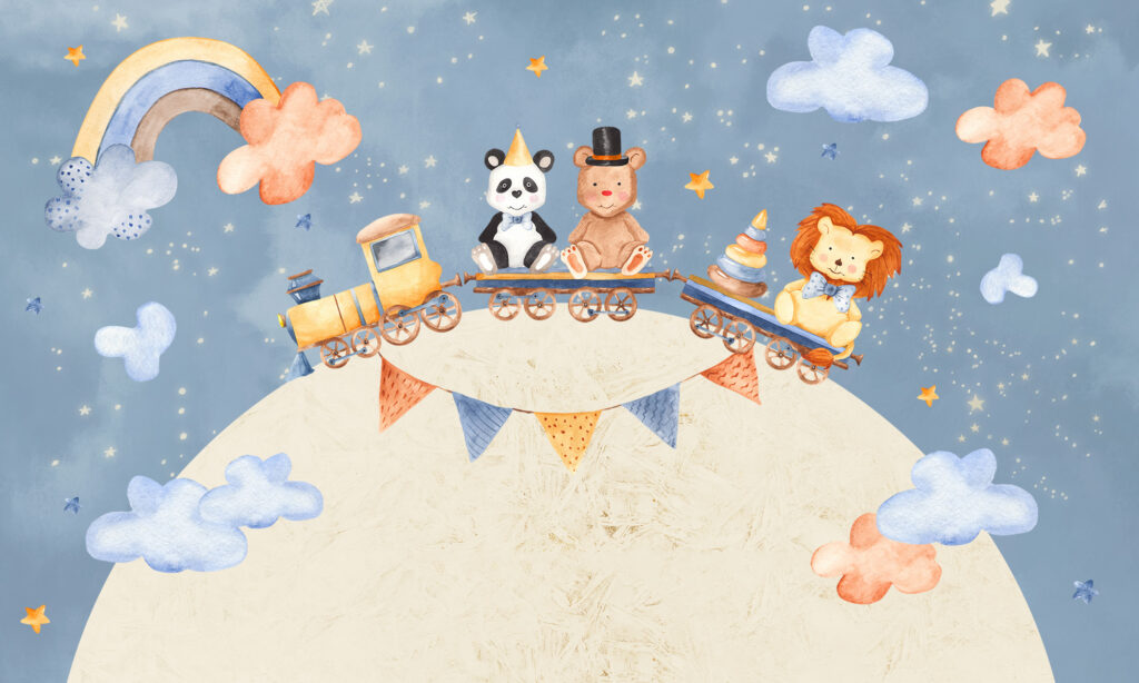 Animal Train Planet Wallpaper : Kids Bunting Sky Mural - flat design