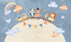 Animal Train Planet Wallpaper : Kids Bunting Sky Mural - flat design