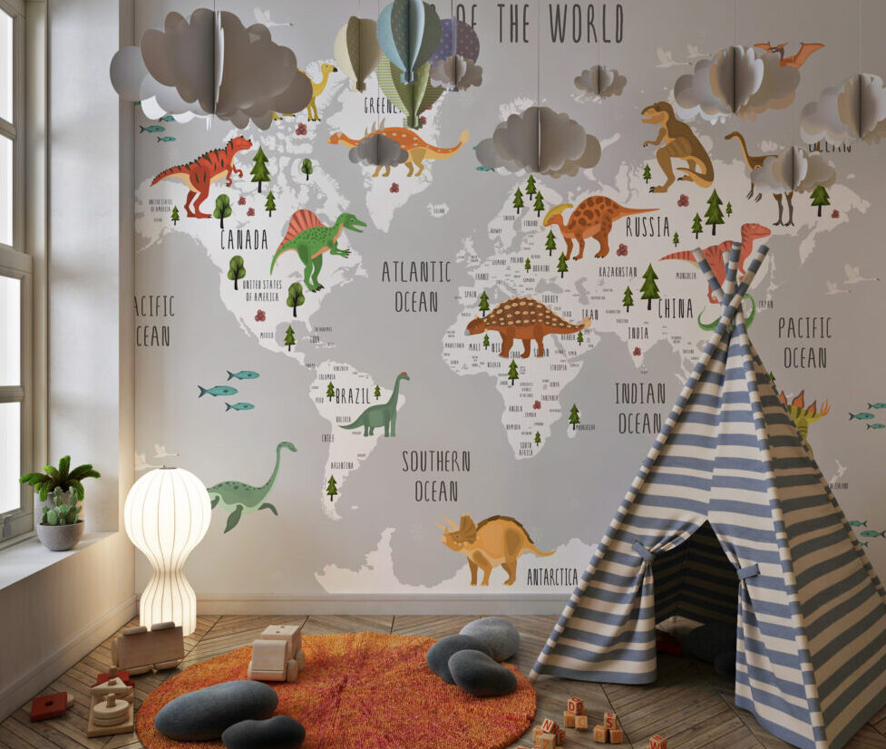 Dinosaur World Map Wallpaper : Kids Grey Map Mural