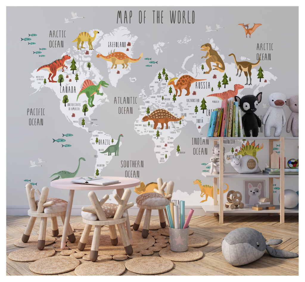 Dinosaur World Map Wallpaper : Kids Grey Map Mural - View 2