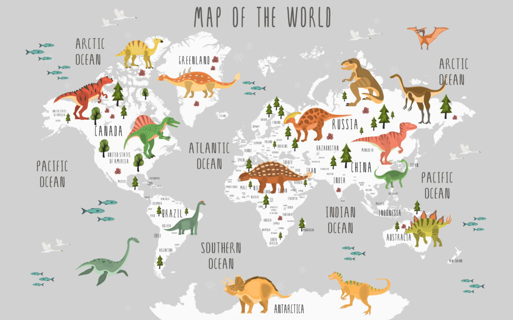 Dinosaur World Map Wallpaper : Kids Grey Map Mural - flat design
