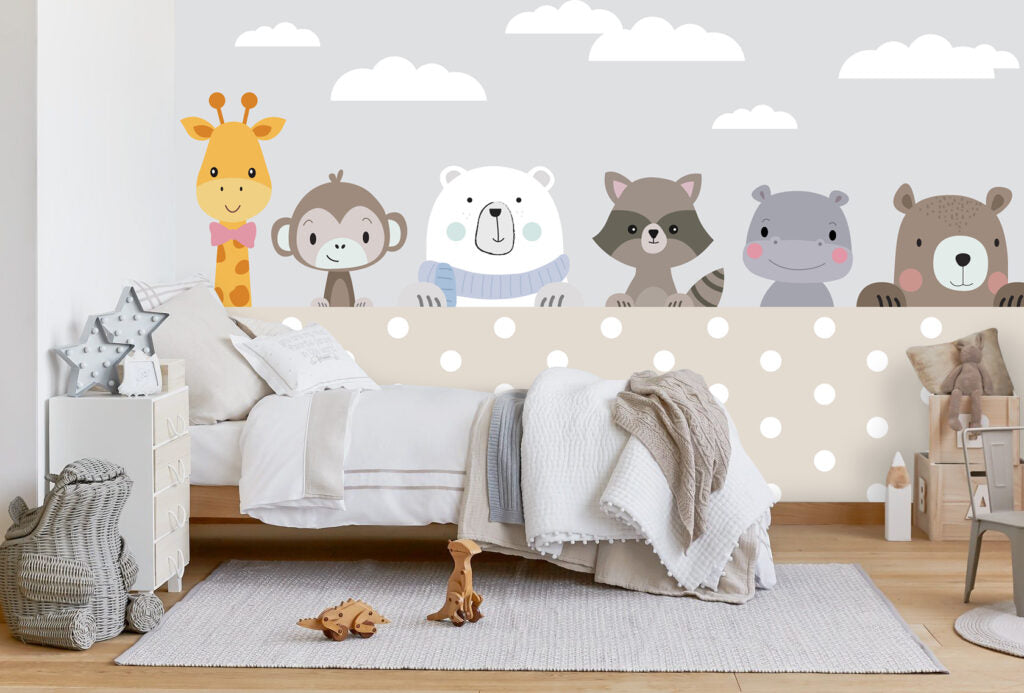 Peeking Animals Wallpaper : Polka Dot Nursery Mural - View 2
