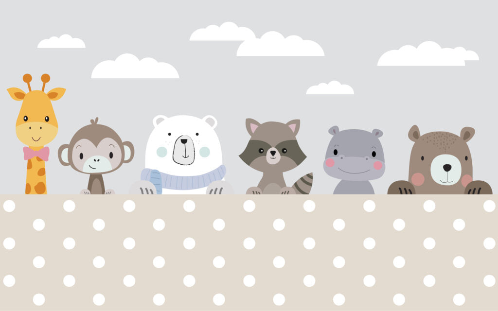 Peeking Animals Wallpaper : Polka Dot Nursery Mural - flat design