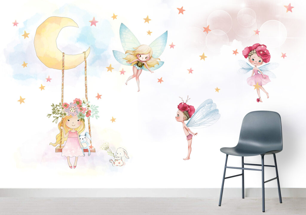 Fairy Moon Swing Wallpaper : Starry Nursery Mural - View 2