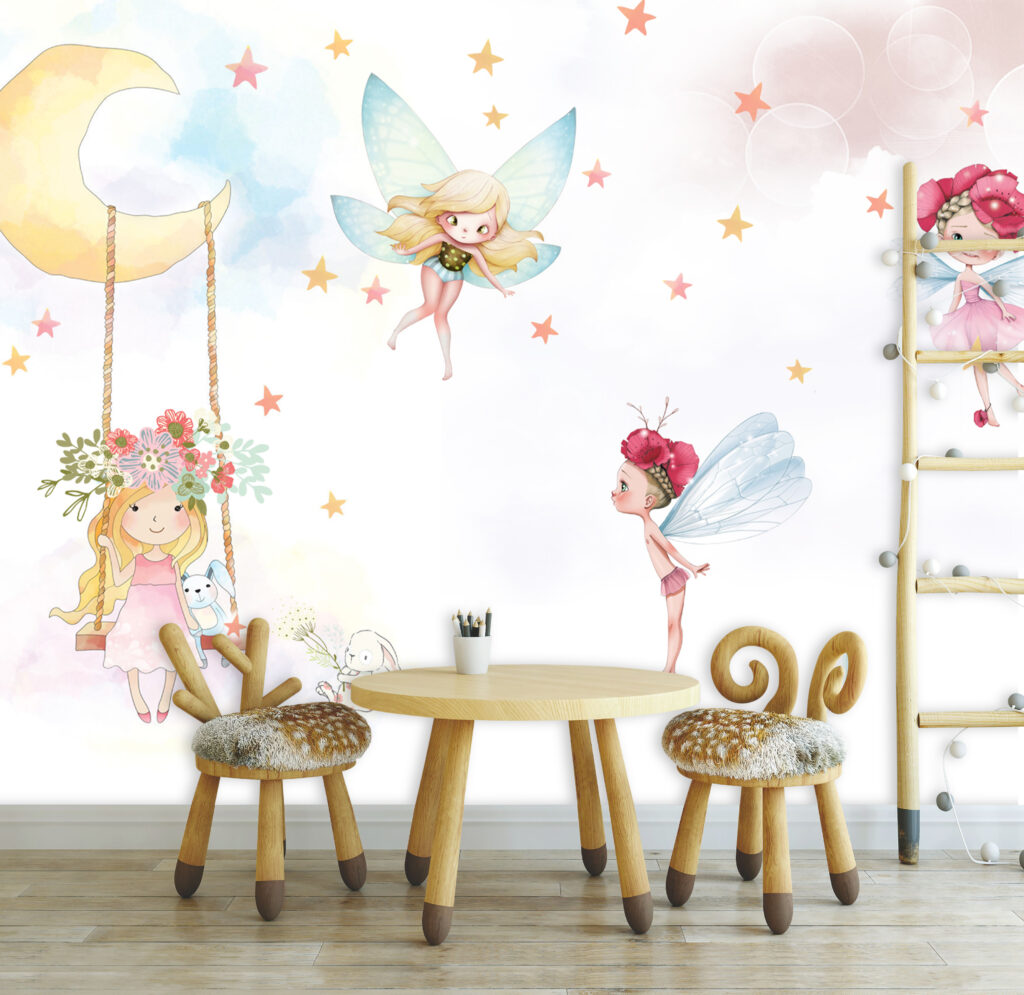Fairy Moon Swing Wallpaper : Starry Nursery Mural - View 5