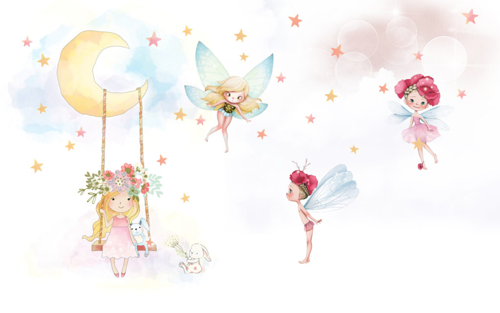 Fairy Moon Swing Wallpaper : Starry Nursery Mural - flat design