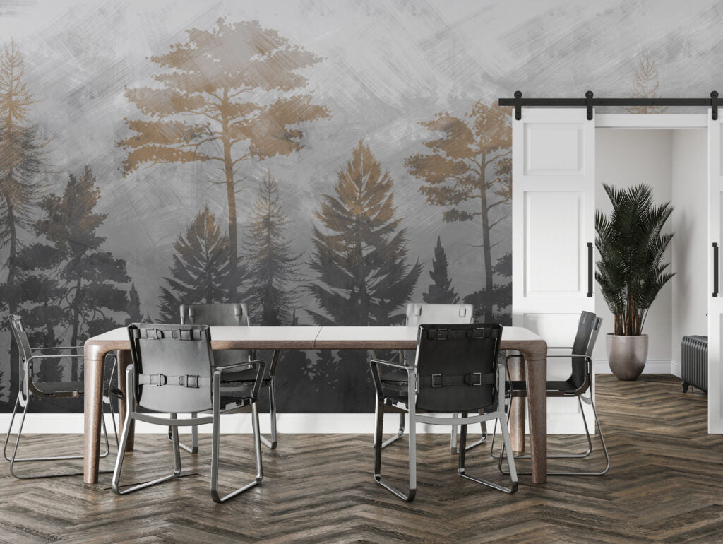Misty Pine Forest Wallpaper : Grey and Gold Trees Mural