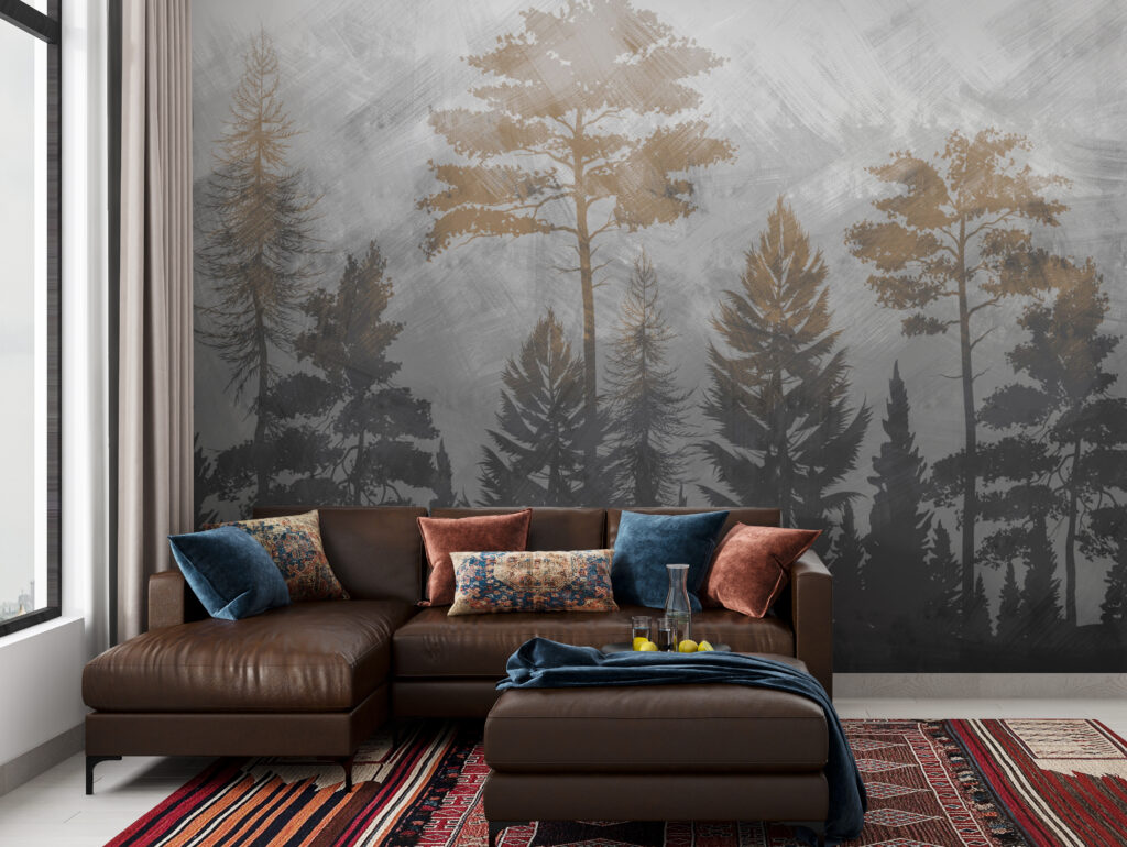 Misty Pine Forest Wallpaper : Grey and Gold Trees Mural - View 2