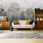 Misty Pine Forest Wallpaper : Grey and Gold Trees Mural - View 5