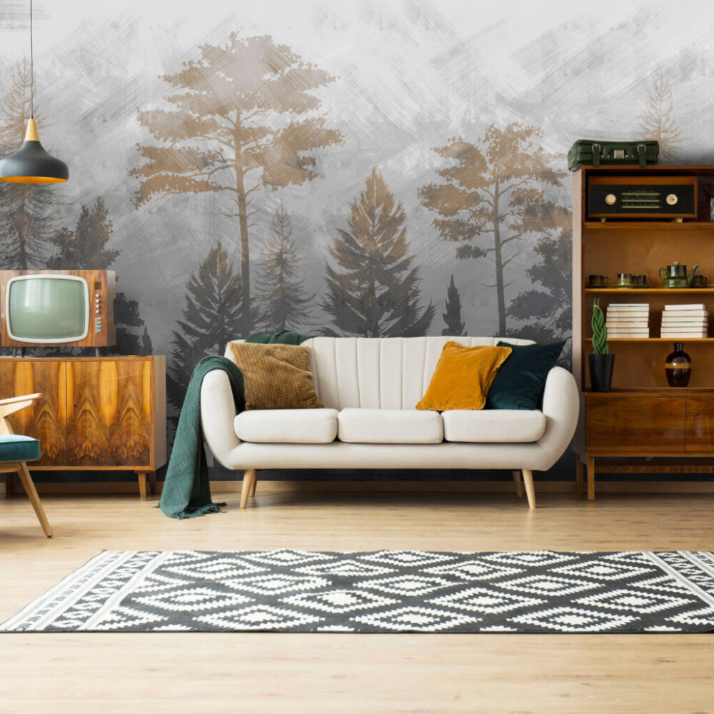 Misty Pine Forest Wallpaper : Grey and Gold Trees Mural - View 5