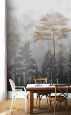 Misty Pine Forest Wallpaper : Grey and Gold Trees Mural - View 4