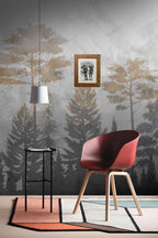 Misty Pine Forest Wallpaper : Grey and Gold Trees Mural - View 3