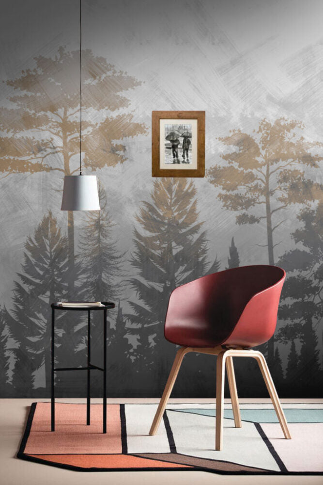 Misty Pine Forest Wallpaper : Grey and Gold Trees Mural - View 3