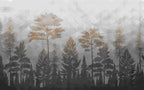 Misty Pine Forest Wallpaper : Grey and Gold Trees Mural - flat design