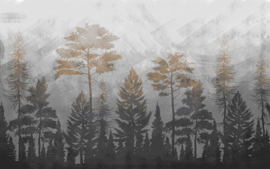 Misty Pine Forest Wallpaper : Grey and Gold Trees Mural - flat design
