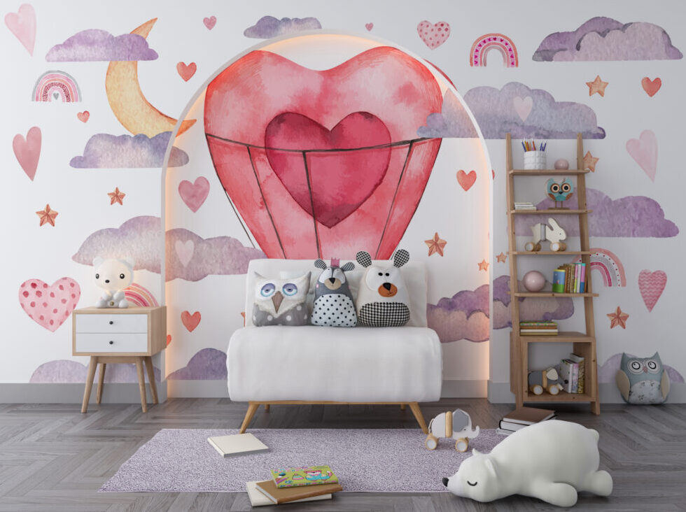 Heart Hot Air Balloon Wallpaper : Pastel Clouds Nursery Mural