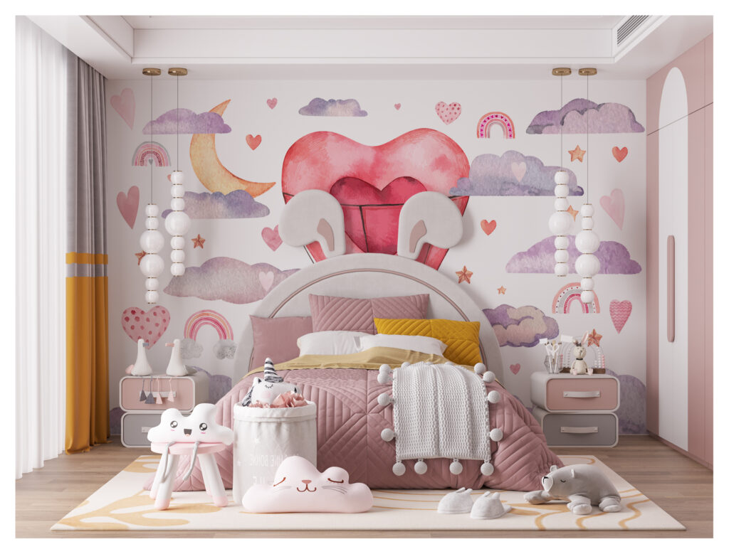 Heart Hot Air Balloon Wallpaper : Pastel Clouds Nursery Mural - View 3