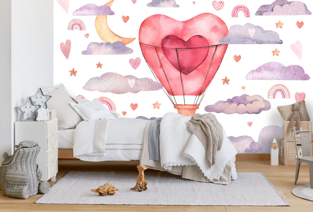 Heart Hot Air Balloon Wallpaper : Pastel Clouds Nursery Mural - View 2