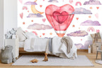 Heart Hot Air Balloon Wallpaper : Pastel Clouds Nursery Mural - View 2