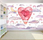 Heart Hot Air Balloon Wallpaper : Pastel Clouds Nursery Mural - View 5