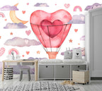 Heart Hot Air Balloon Wallpaper : Pastel Clouds Nursery Mural - View 4