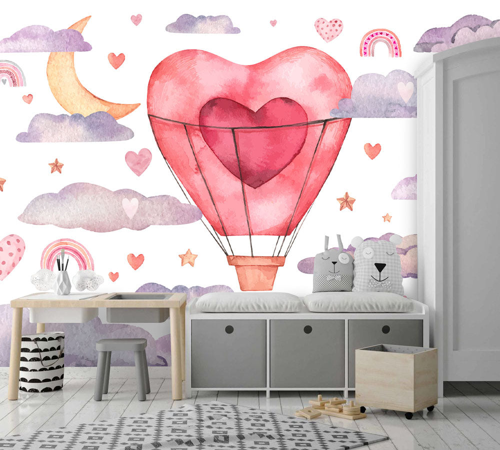 Heart Hot Air Balloon Wallpaper : Pastel Clouds Nursery Mural - View 4