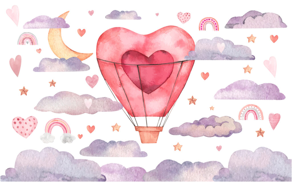 Heart Hot Air Balloon Wallpaper : Pastel Clouds Nursery Mural - flat design