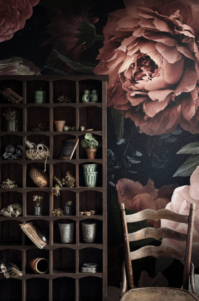 Dark Floral Wallpaper : Moody Peony and Rose Mural - View 5