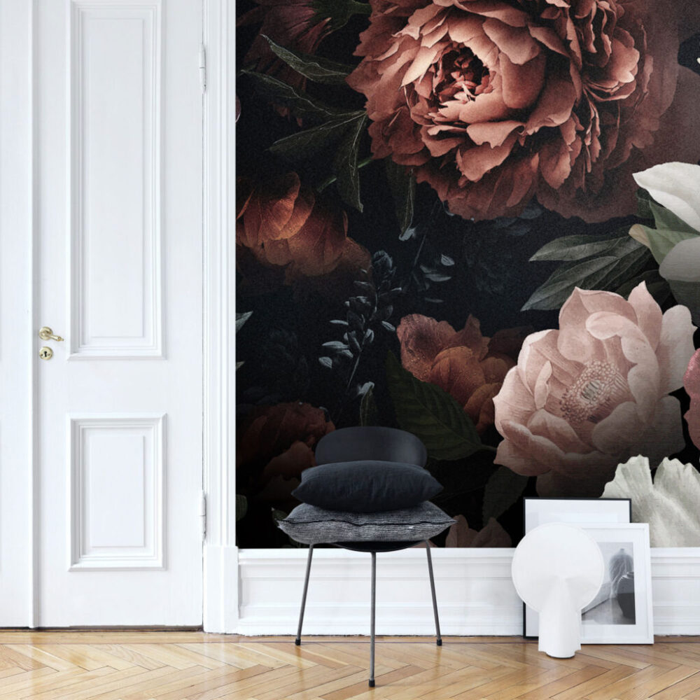 Dark Floral Wallpaper : Moody Peony and Rose Mural - View 4