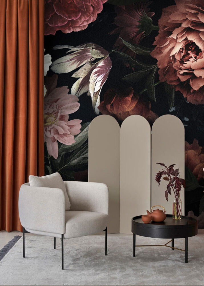 Dark Floral Wallpaper : Moody Peony and Rose Mural - View 3