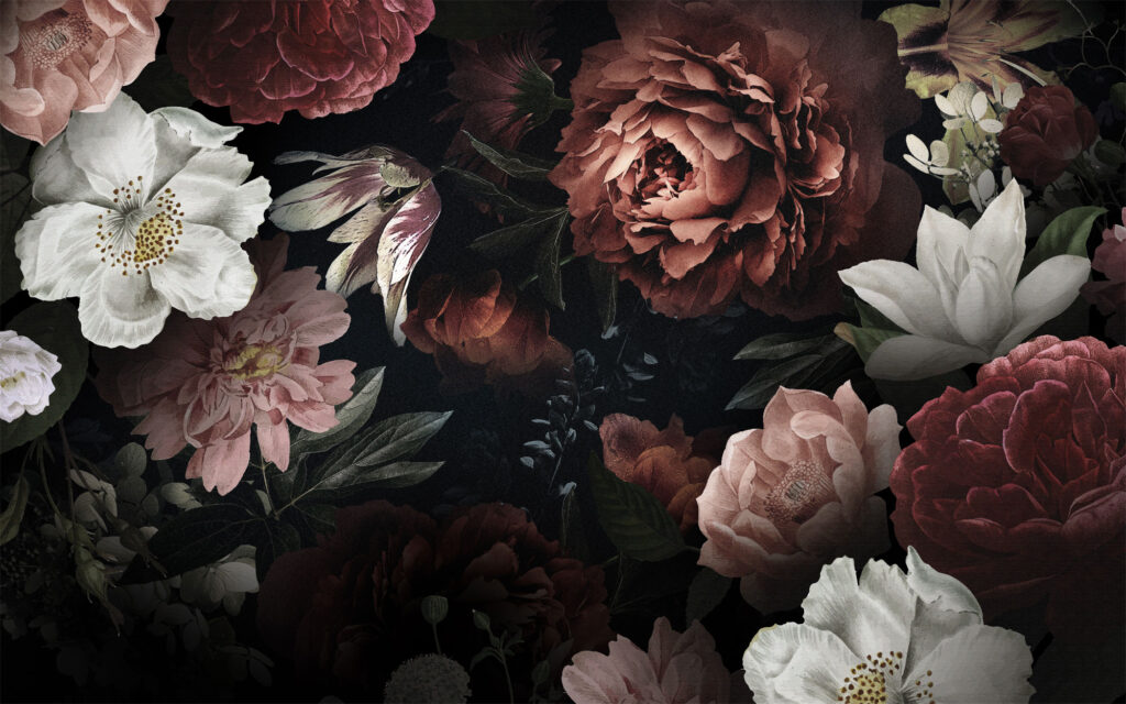 Dark Floral Wallpaper : Moody Peony and Rose Mural - flat design