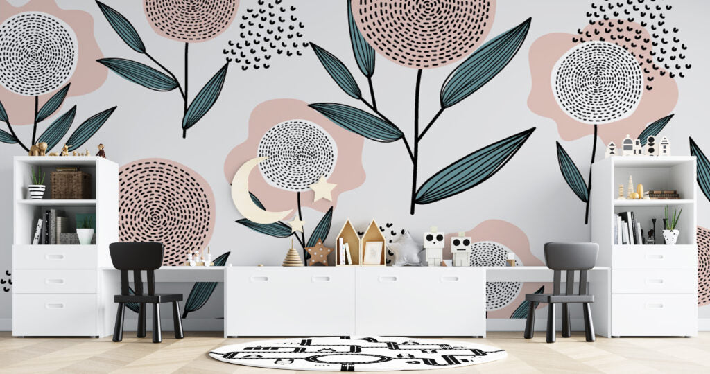 Scandi Dandelion Flower Wallpaper : Pink and Teal Kids Mural - View 2