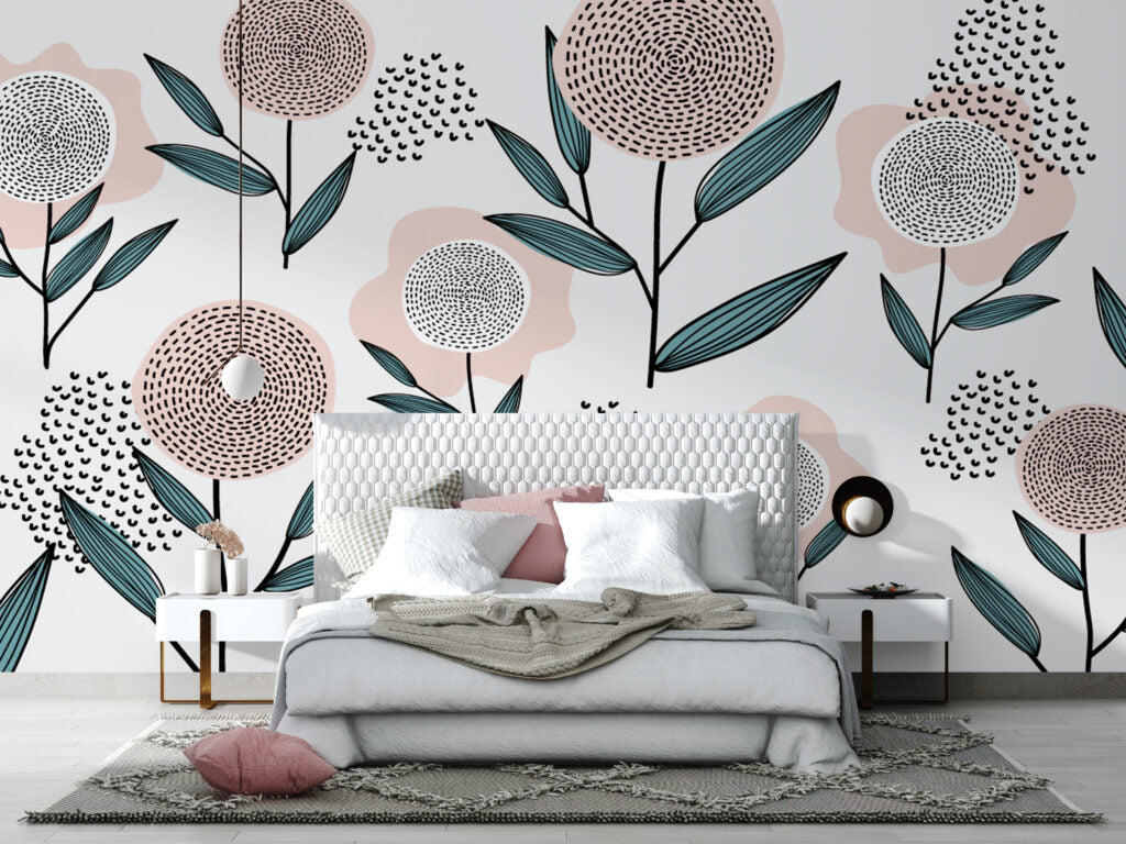 Scandi Dandelion Flower Wallpaper : Pink and Teal Kids Mural - View 3