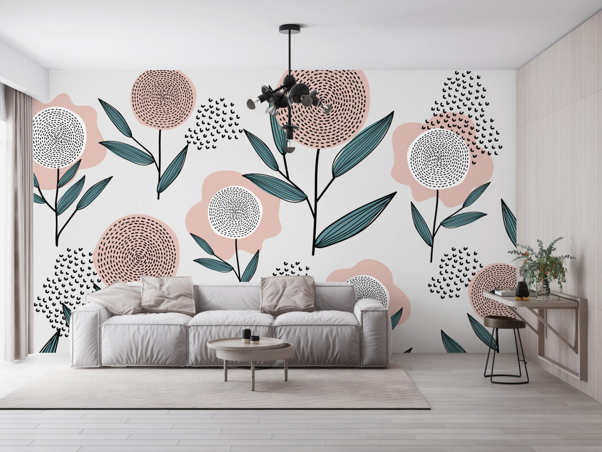 Scandi Dandelion Flower Wallpaper : Pink and Teal Kids Mural