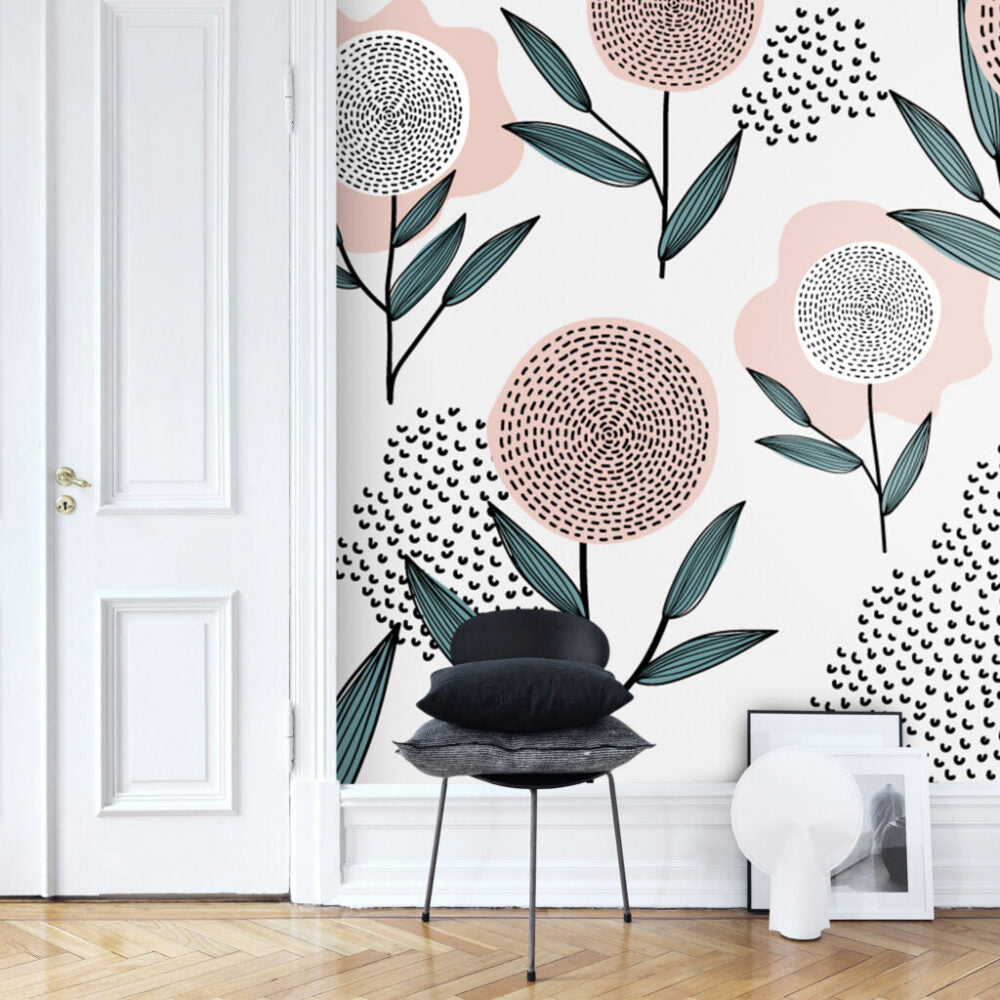 Scandi Dandelion Flower Wallpaper : Pink and Teal Kids Mural - View 5
