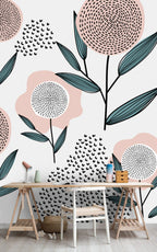 Scandi Dandelion Flower Wallpaper : Pink and Teal Kids Mural - View 4