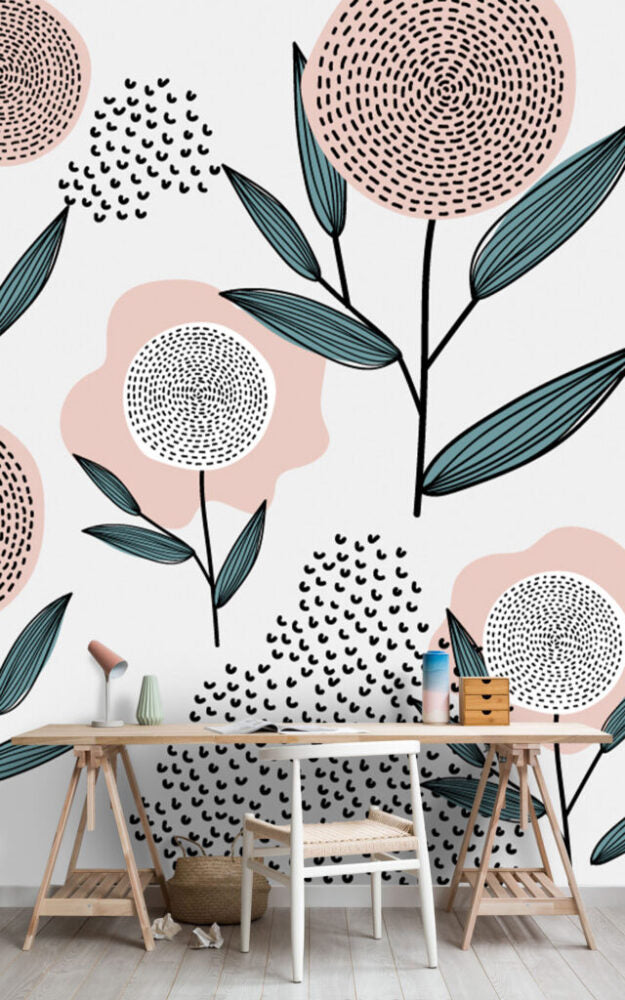 Scandi Dandelion Flower Wallpaper : Pink and Teal Kids Mural - View 4
