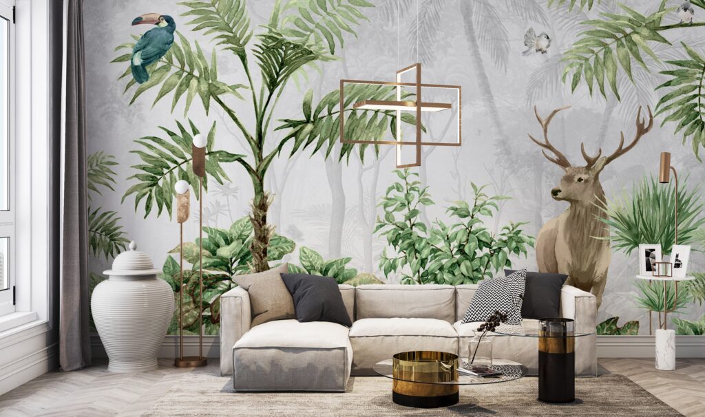 Misty Forest Deer Wallpaper : Tropical Plants Mural