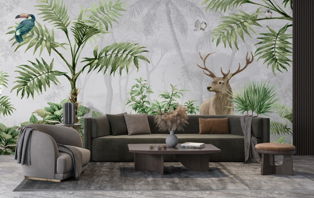 Misty Forest Deer Wallpaper : Tropical Plants Mural - View 6