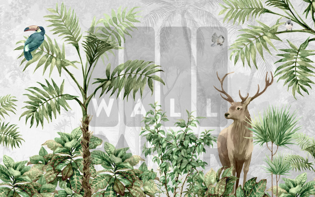 Misty Forest Deer Wallpaper : Tropical Plants Mural - View 2