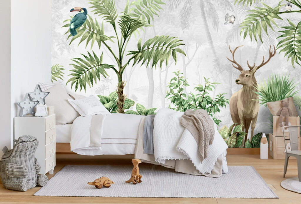 Misty Forest Deer Wallpaper : Tropical Plants Mural - View 3