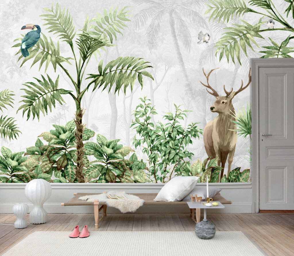 Misty Forest Deer Wallpaper : Tropical Plants Mural - View 5