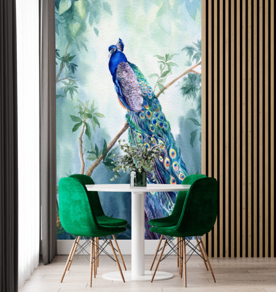 Watercolor Peacock Wallpaper : Peacock On Branch Mural