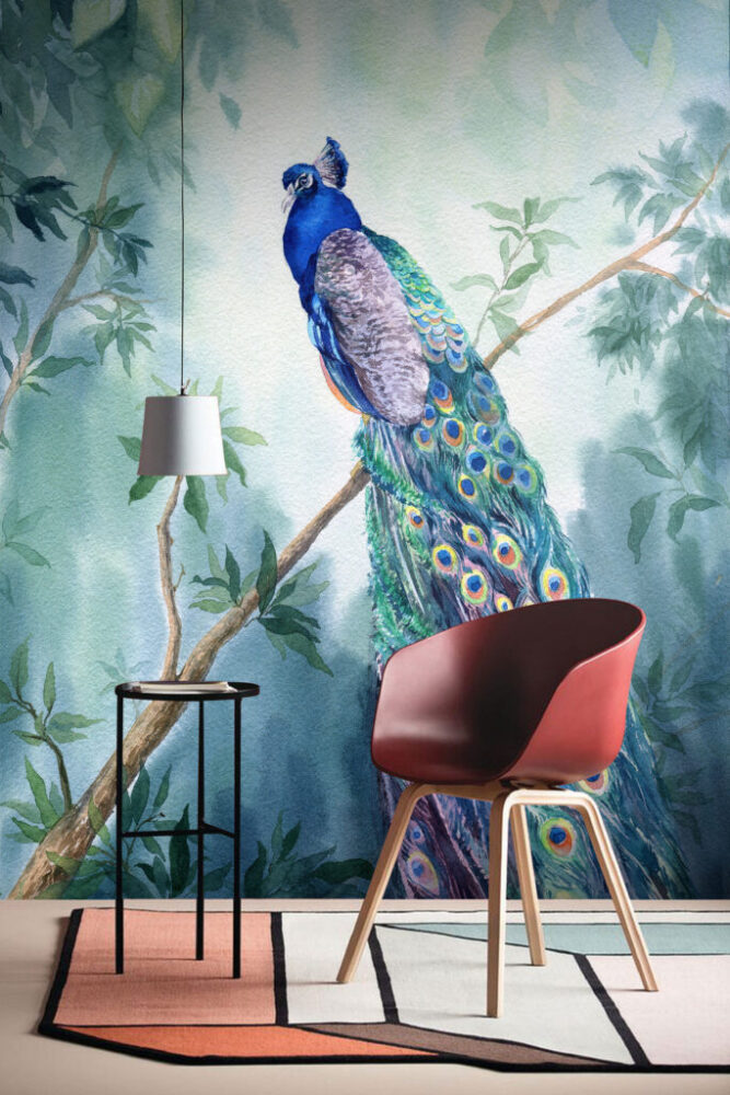 Watercolor Peacock Wallpaper : Peacock On Branch Mural - View 4