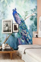 Watercolor Peacock Wallpaper : Peacock On Branch Mural - View 3
