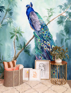 Watercolor Peacock Wallpaper : Peacock On Branch Mural - View 6