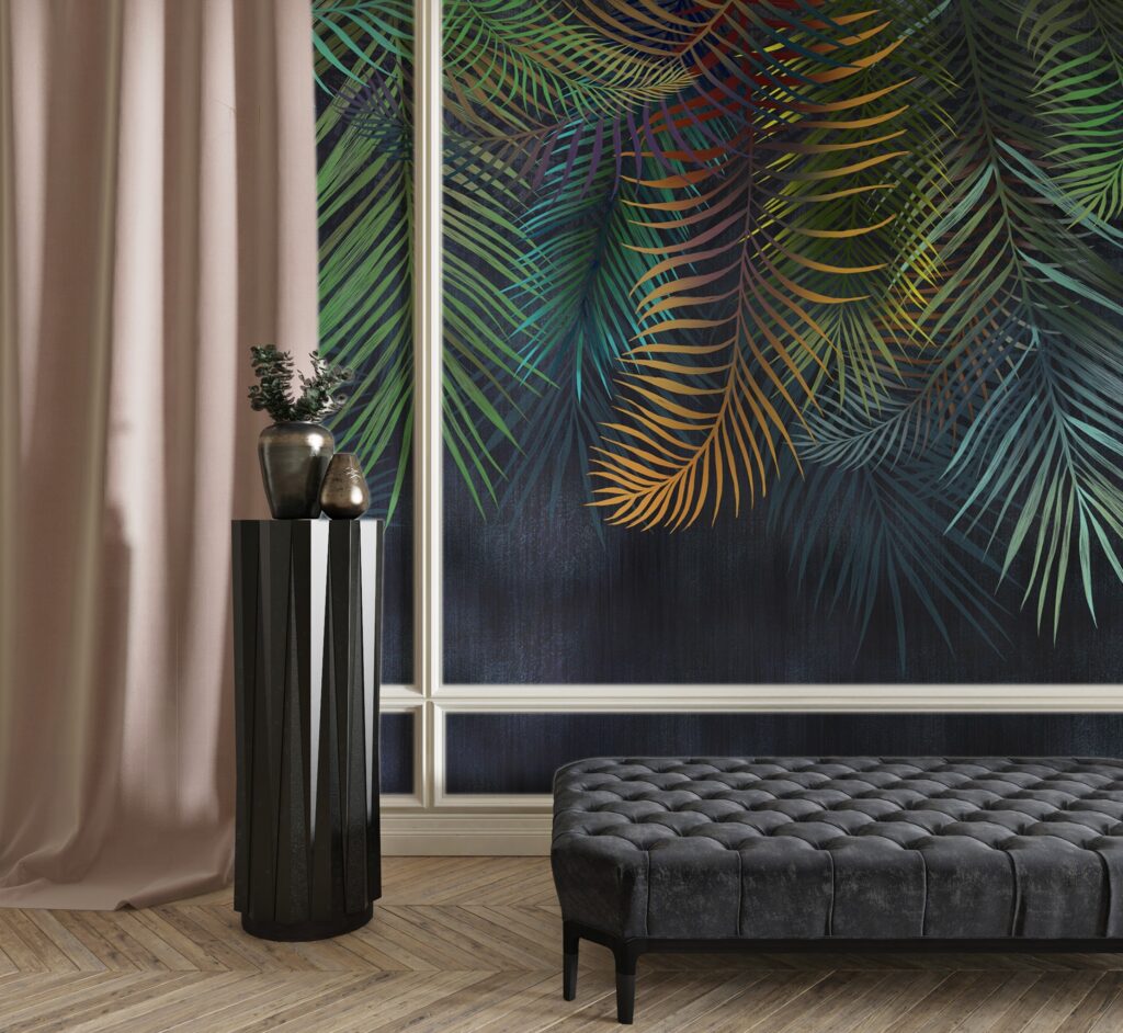 Rainbow Palm Leaf Wallpaper : Dark Tropical Fronds Mural