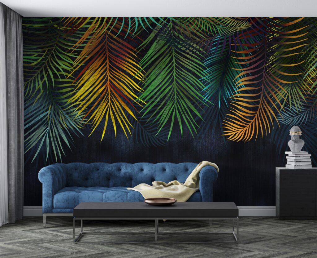 Rainbow Palm Leaf Wallpaper : Dark Tropical Fronds Mural - View 5